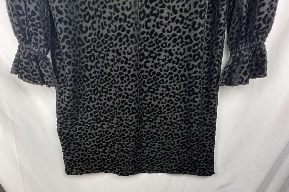 NINE WEST Size 8 Black Leopard Velvet Burnout Dress Long Sleeve Ruffle Shift - Picture 9 of 12
